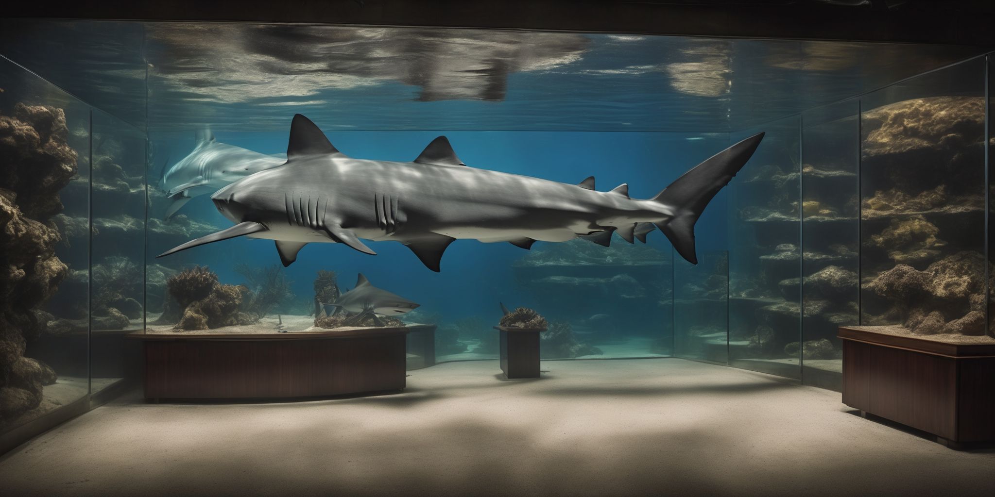 Shark tank  in realistic, photographic style